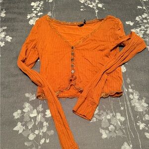 Urban Outfitters Out From Under Orange Long Sleeve Lace Trim Top Size Small
